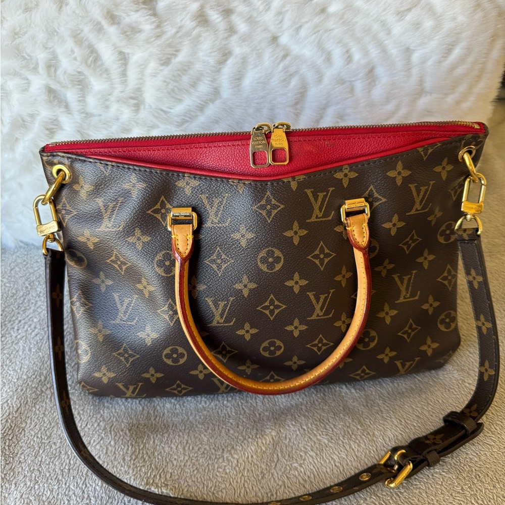 Louis Vuitton Brown Monogram Shoulder Bag with Red Trim